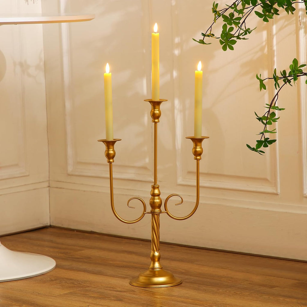 Rtteri 6 Pcs Gold Candelabra Candlestick Holder Metal Candle Stand Candelabra for Taper Candles Table Centerpieces Wedding Christmas Holiday Birthday Party (9.5 x 9.5 x 19.7 Inch,3 Arm)