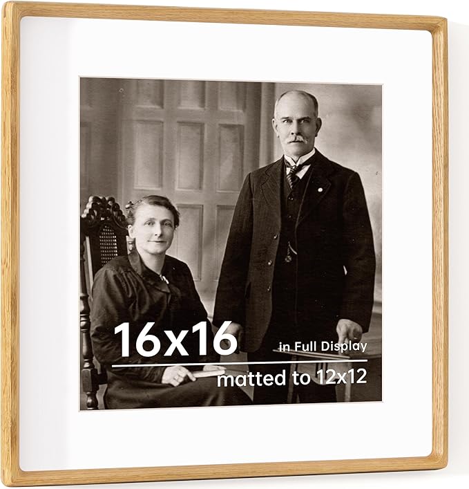 16x16 Picture Frame USA-Sourced Natural White Oak Wood Solid Original Wood Photo Frame Rounded Corner with Mat to 12x12 Picture Display with Real Glass Family, Wedding Picture, Photo, Certificate