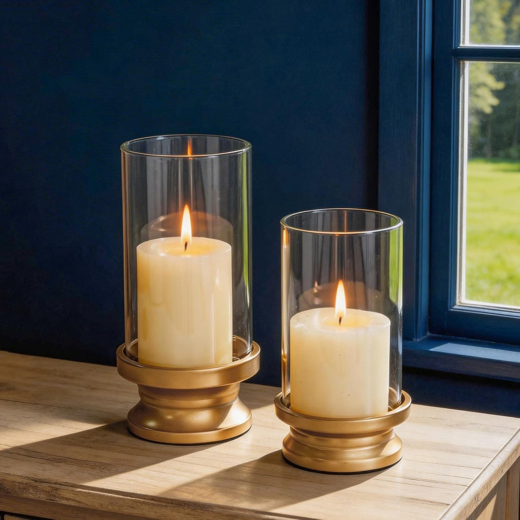 NUPTIO Hurricane Candle Holder Gold: Pillar Candle Holders with Clear Glass Sleeve - Set of 2 Decorative Brass Metal Pillars Stand for Dining Table Centerpiece Shelf Fireplace Mantel Decor