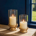NUPTIO Hurricane Candle Holder Gold: Pillar Candle Holders with Clear Glass Sleeve - Set of 2 Decorative Brass Metal Pillars Stand for Dining Table Centerpiece Shelf Fireplace Mantel Decor