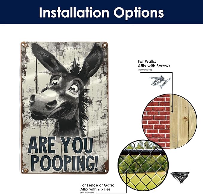 Funny Donkey "Are You Pooping?" Tin Sign - Vintage Bathroom Wall Décor, 8x12 Inches, Humorous Metal Sign for Indoor & Outdoor Use, Farmhouse-Style Wa