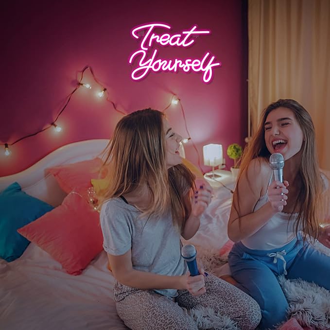 Wanxing Treat Yourself Neon Signs Pink Led Sign for Bedroom Wall Letter Neon Lights Wedding Signs Neon Room Decor for Birthday Gift Party Home Decor Bar