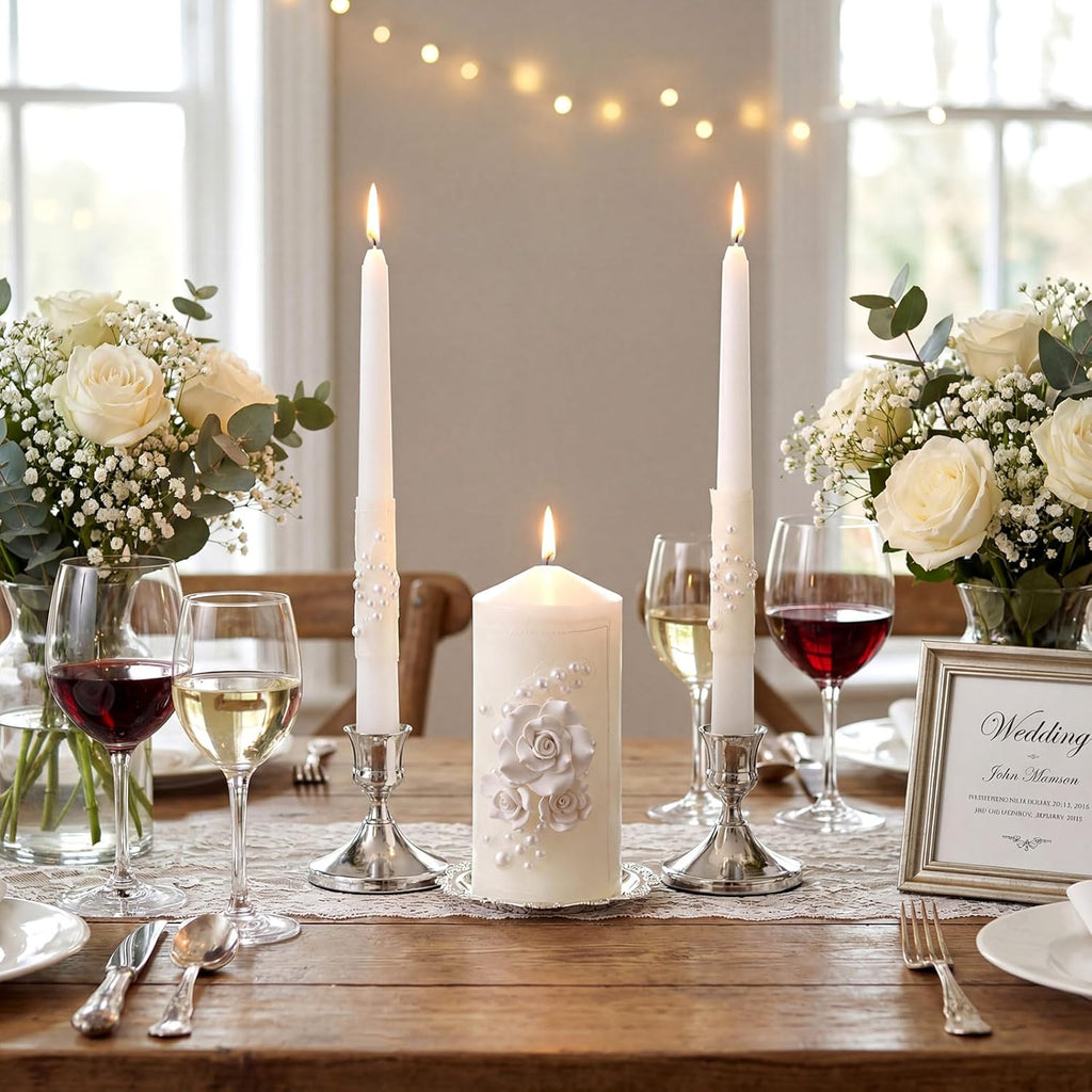 Irenare Unity Candles with Holder for Wedding Ceremony Unity Candle Set Wedding Table Decorations Accessories for Formal Events Church (Ceramic Flowers)