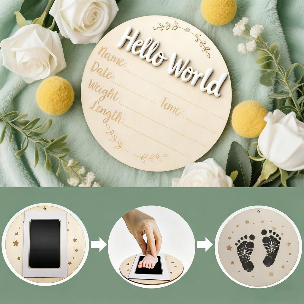XCMVCN Baby Announcement Sign, 5.9 Inch Round Wooden Hello World Newborn Signs, Birth Announcement Sign: Equipped with Ink Pad Can Baby Handprints and Footprints for Photo Prop Hospital Nursery Gift