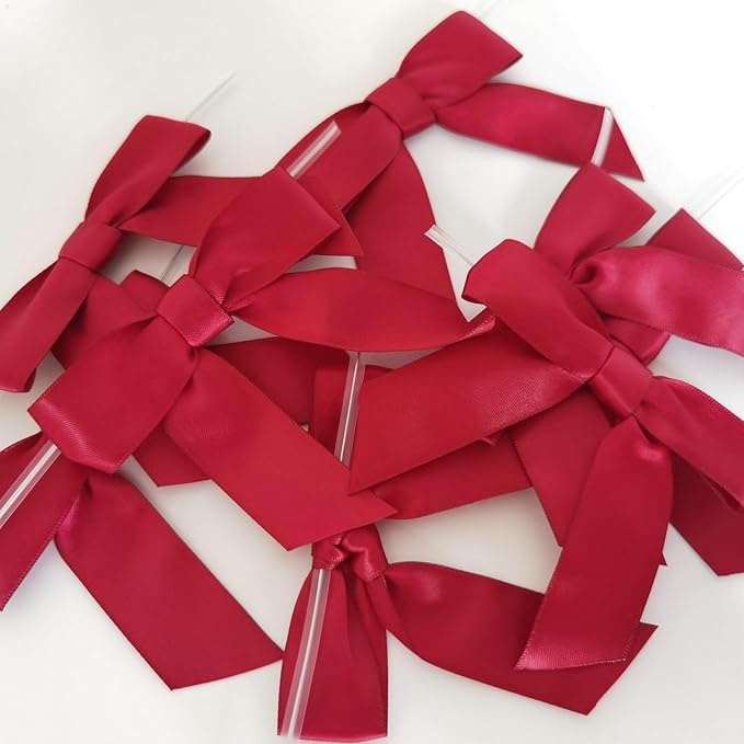3-1/2" Burgundy Satin Ribbon Bows with Twist Ties Giant Bows for Christmas Holiday Gift Packing&Wrapping (50pcs,Burgundy)