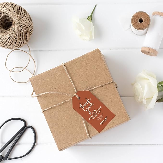 Andaz Press 100-Pack Personalized Thank You for Celebrating with Us Wedding Favor Tags with Bakers Twine Terracotta Line Design Custom Cardstock Wedding Gift Tags for Party Favors 2 x 3.75-Inches