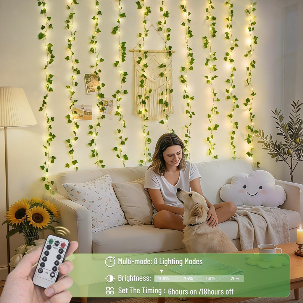 JMEXSUSS Vine Lights for Bedroom, 200 LED Vines Fairy Lights, Artificial Ivy Leaf Light for Wall Curtain Wedding Party Christmas Indoor Decor, 6.5ft x 6.5ft with Remote