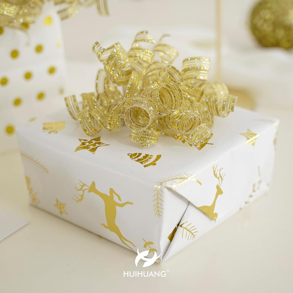 HUIHUANG Gold Bows for Gift Wrapping Self Adhesive Metallic Christmas Gift Bows Gold and Silver Burst Curly Ribbon Bows for Presents, Treat Bags, Party Favors, Wedding Decor -5 inch x 6 Counts