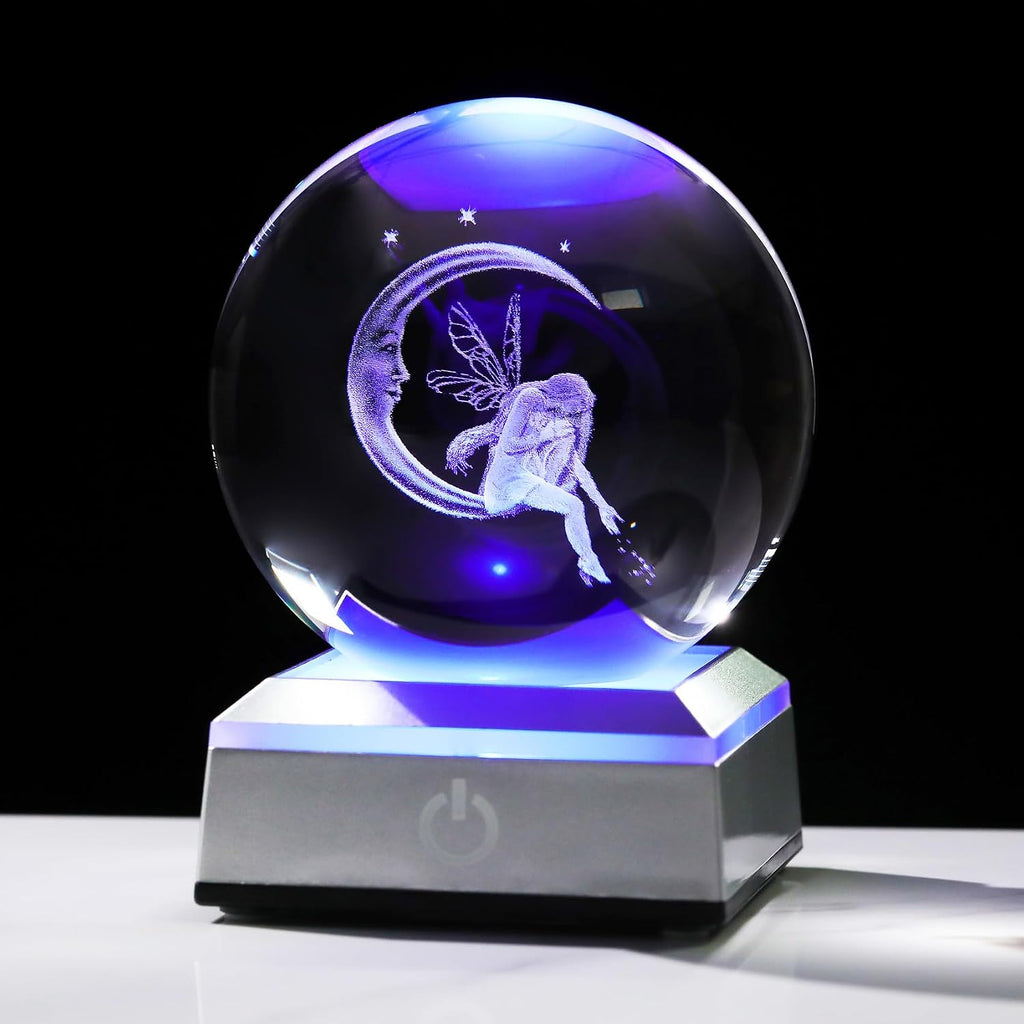 Ornalrist 3D Crystal Ball Engraved Fairy & Moon Gifts, Gifts for Daughter | Moon Fairy Crystal Ball Gifts for Girls Her, Fairy Glass Sphere Decor Gift, Gifts Ideas on Birthday Christmas for Women