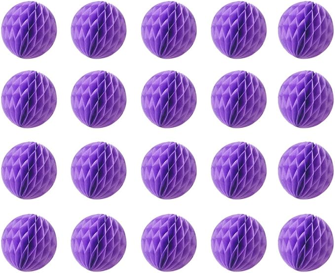 20pcs Honeycomb Flower Balls - Party Decor, Tissue Paper Pom Poms (6inch, Purple)