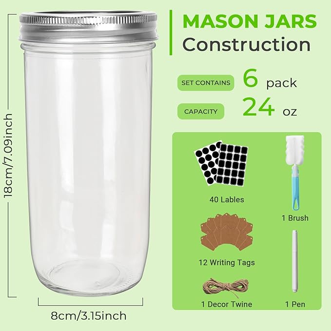 CycleMore 24oz 6 Pack Mason Glass Jars with AirTight Lids and Bands, Wide Mouth Canning Jars for Jelly, Jam, Honey, Wedding Favors, Spices and Herbs