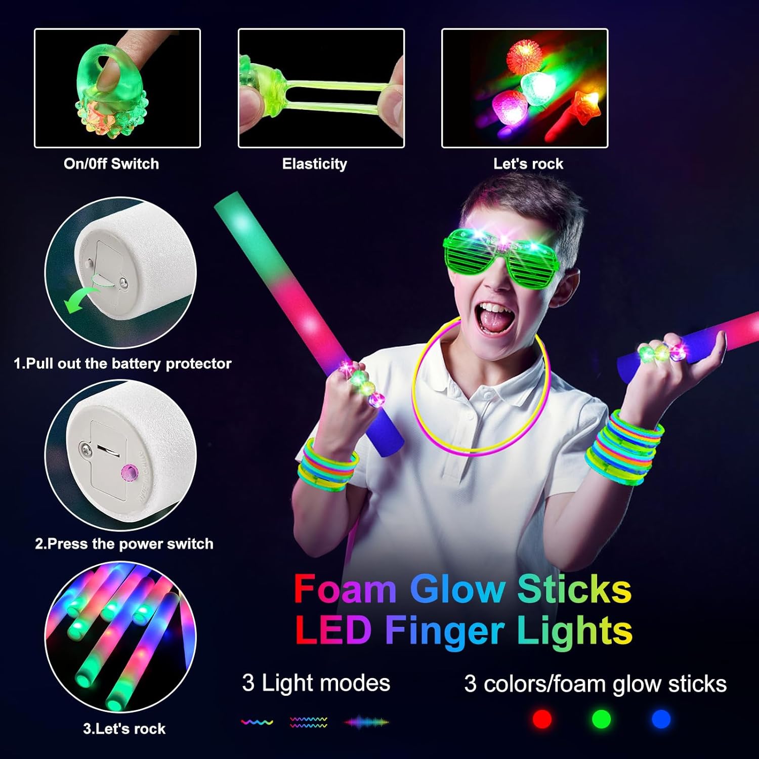 OLUPP 150 PCS Glow in the Dark Party Supplies, 16 Foam Sticks, 16 LED Glasses, 100 Glow Sticks and 18 Finger Lights for Neon Party, 4th of July, Wedding, Birthday, Concert, New Year, Carnivals, Raves