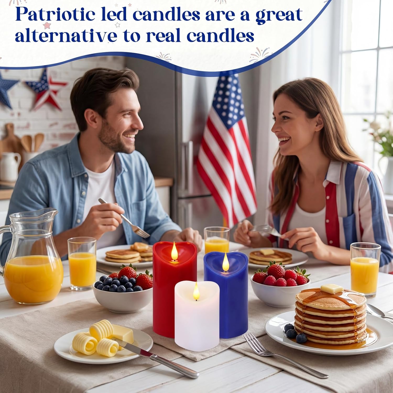 Retisee 3 PCS 4th of July Pillar Candle - 4" 5" 6" LED Battery Operated Flameless Candle with Remote for Independence Day Home Party Decoration Gift