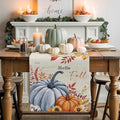 Thanksgiving Fall Cotton Linen Table Runner for Dining Kitchen, Blue Pumpkins Rustic Wedding Outdoor Party Autumn Tablerunners Decoration, Leaves Dresser Scarf Coffee Tablecloth Runners 13x90 Inches