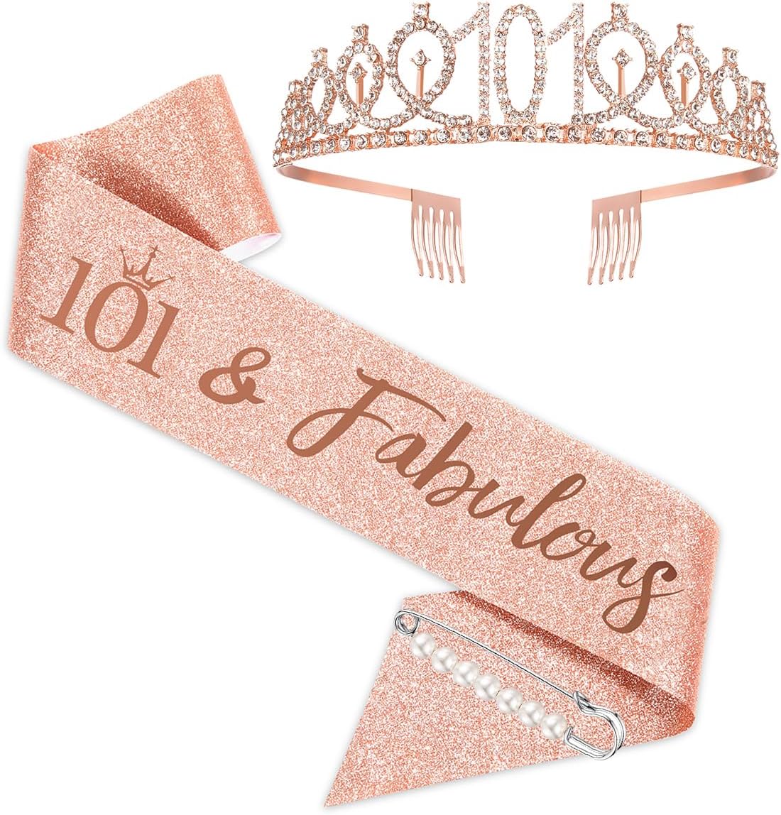 BRT Bearingshui 101st Birthday Tiara and Sash for Woman, Rose Gold Tiara and Sash for 101st Birthday Party Favor Supplies
