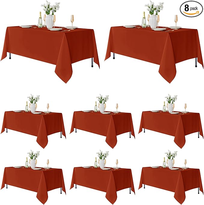 Fitable 8 Pack Rectangle Tablecloths: Stain Resistant Wrinkle Free Fall Table Clothes, Washable Reusable Polyester Table Covers for Wedding Thanksgiving Party Birthday Banquet(Rust, 70x108 Inch)