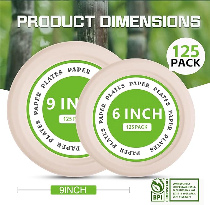 Disposable Paper Plates, 6 inch Heavy Duty Paper Plate, Soak and Cut Proof, Natural Biodegradable Bagasse Plates for Microwave, Dinner, Party, Picnic,125 Pack