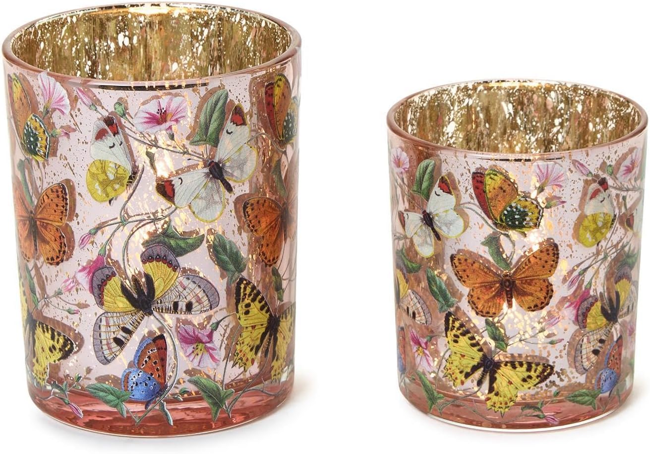 Two's Company Butterfly Silhouette Antiqued Candleholders, 5-Inch, Glass, Multicolor, Set of 2