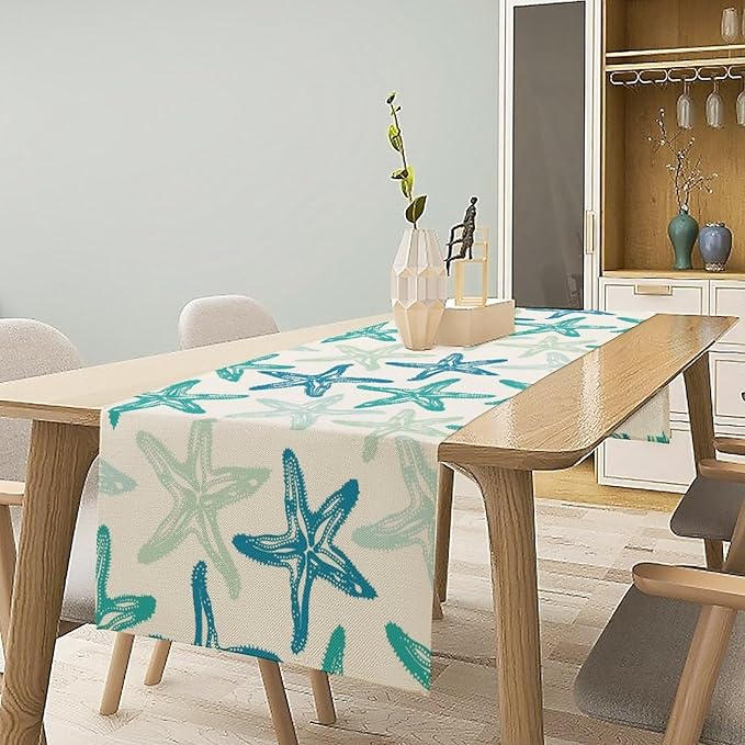 Starfish Plaid Table Flag Green Plaid and Marine Life Starfish Kitchen Table Flag Suitable for Birthday Party Restaurant Decoration Outdoor Picnic 13 * 70 Inch