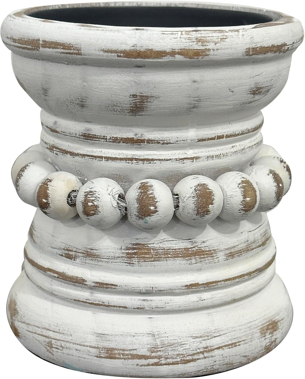 dwellington Farmhouse Rustic Wood Pillar Candle Holder, Decorative Beaded Candlestick Holder Stand for Home Décor, Gifts, Wedding (White Wash)