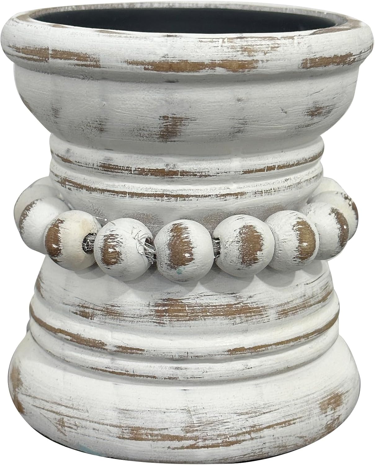 dwellington Farmhouse Rustic Wood Pillar Candle Holder, Decorative Beaded Candlestick Holder Stand for Home Décor, Gifts, Wedding (White Wash)