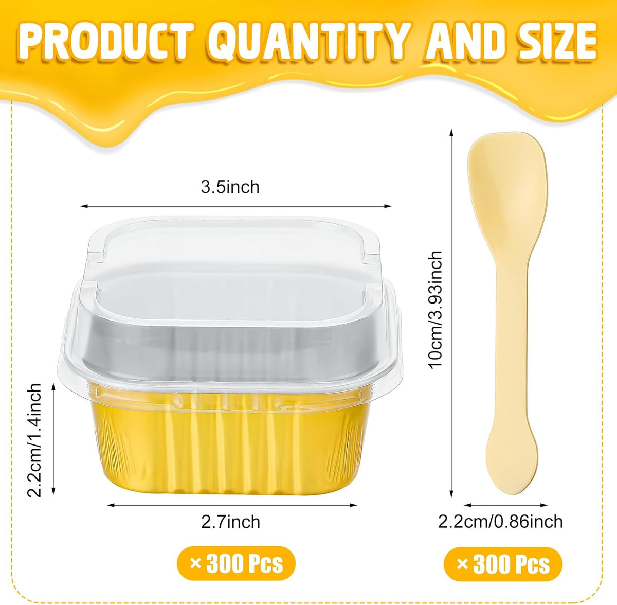 Hushee 300 Set Aluminum Foil Baking Cups with Lid Spoons, Square, Gold