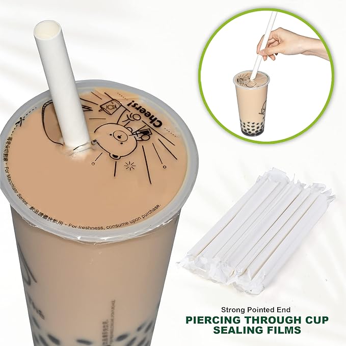 9 Inch Individually Wrapped Disposable White Paper Boba Straws, Bubble Tea Straws 100 Counts, 0.5"/12mm Wide - Pointed End, Extra Thick, Fat - Eco-friendly Biodegradable