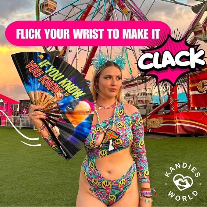 Kandies World Custom Festival Folding Hand Fan - Unique Designs, Made of Bamboo, Clacking Sound, Lightweight - Perfect Rave and Festival Accessory!