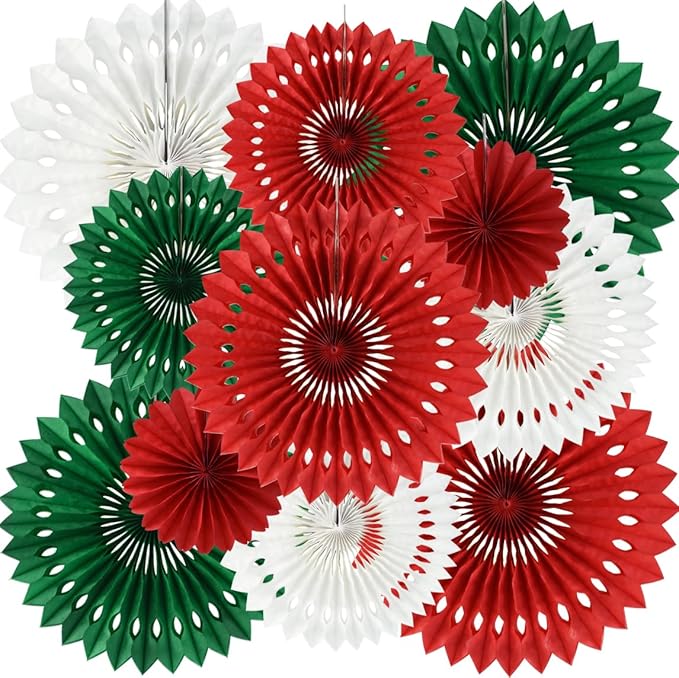 BEISHIDA Red Green White Hanging Tissue Honeycomb Round Paper Fans Decor Kit for Christmas Birthday Girl Kid Shower Bachelorette Wedding Backdrops Anniversary Party Supplies（11 Packs）