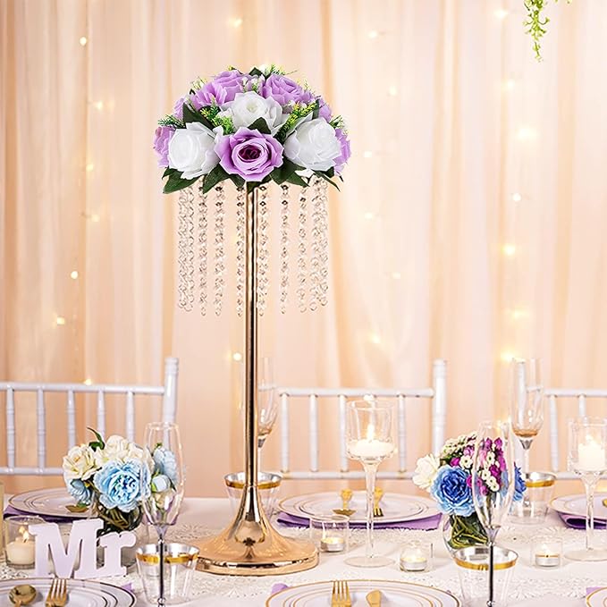 BLOSMON Lilac Purple Flowers Artificial: 2 Pcs Fake Roses Flower Balls Centerpiece for Wedding Table Decoration- Artificial Silk Kissing Bouquet Floral Arrangement for Home Party Event Decor