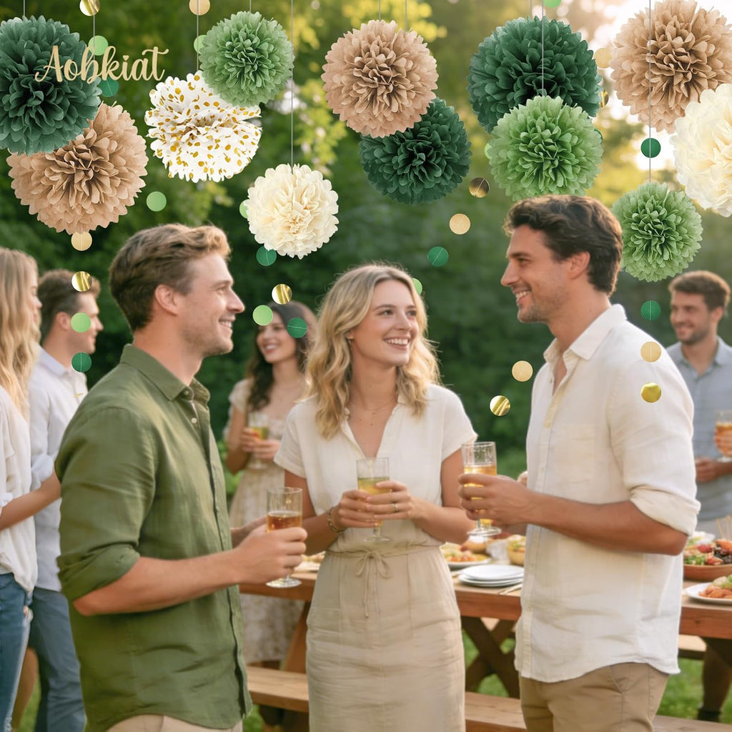 AOBKIAT Wedding Party Decorations Set,15PCS for Green Neutral Baby Shower | Green Khaki Tissue Paper Pom Poms,Garland String Hanging Backdrop for Engagement,Green Boho Themed,Bridal Shower