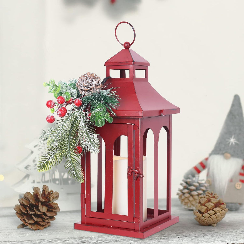 Christmas Decorations for Home, Decorative Christmas Lantern Indoor Outdoor Decor, Metal Hanging Candle Holder with Xmas Teardrop Wreath and LED Candle for Table Centerpieces, Patio (Red)