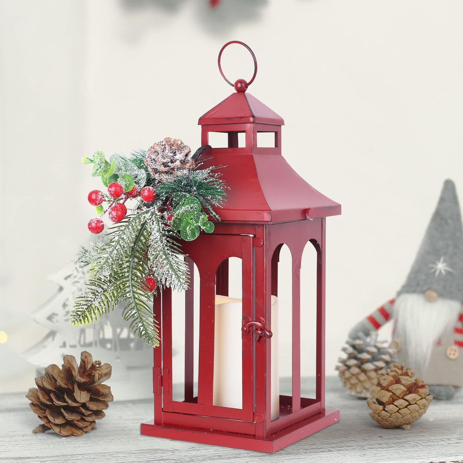 Christmas Decorations for Home, Decorative Christmas Lantern Indoor Outdoor Decor, Metal Hanging Candle Holder with Xmas Teardrop Wreath and LED Candle for Table Centerpieces, Patio (Red)