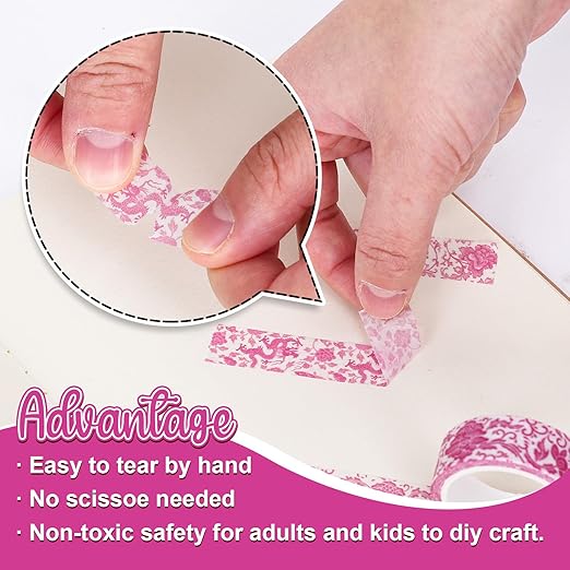 Whaline 12 Rolls Pink Floral Washi Tape Chinoiserie Flower Decorative Masking Tape Set Vintage Wrapping Paper Tape for Scrapbook Journal DIY Art Crafts