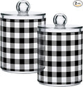 Gredecor Qtip Holder Dispenser 2 Pack Black White Classic Buffalo Plaid Bathroom Decorative Storage Canister Holder Counter Vanity Organizer for Cotton Ball Swabs Pads Floss