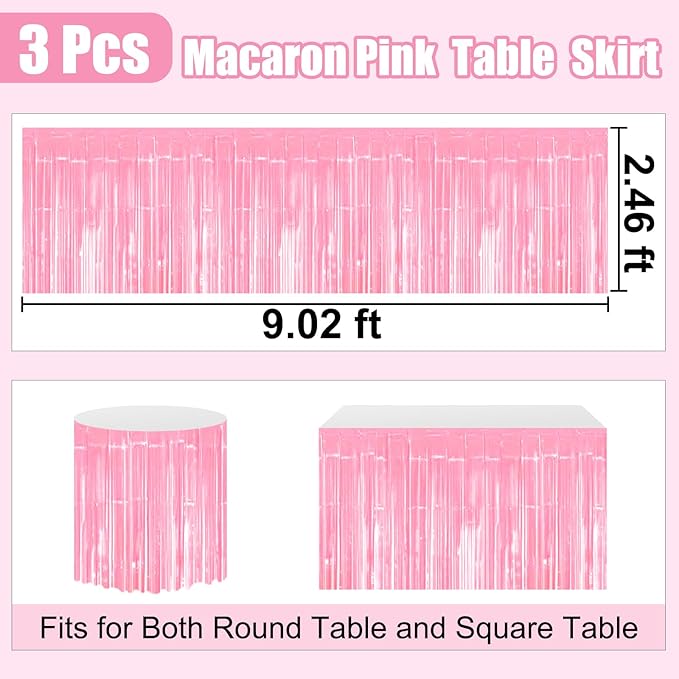 3 Pack 29 x108 Inch Macaron Pink Foil Fringe Table Skirts Metallic Banner for Tinsel Streamer Garland Backdrop for Parade Floats Wedding Thanksgiving Birthday Christmas New Year Party Decoration