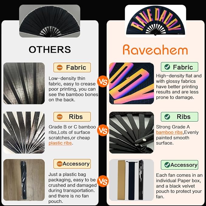 UV Glow Rave Fan, Bamboo Folding Clack Hand Fans Foldable for Men Women, Boots on the Ground Poping Fan for EDM Festival Line Dance Decoration, (Rave Daddy, Large 13")
