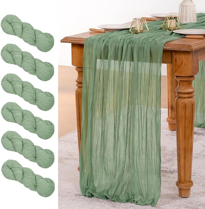 MLMW 6 Pack Sage Green Table Runner Cheesecloth Boho Gauze Rustic Cheese Cloth Table Runner 160 inch Sheer 13.3ft for Wedding Party Baby Bridal Shower Birthday