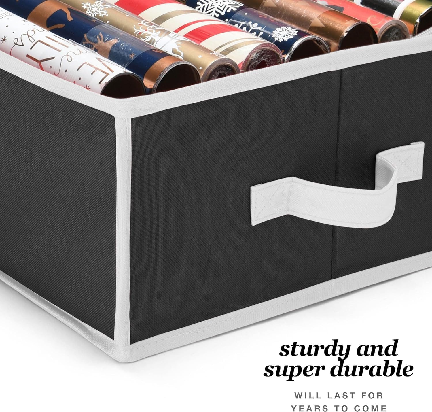 Premium Wrapping Paper Organizer Storage | Gift Wrap Holder With Extra Pockets for Christmas Decorations, Reinforced Handles, Heavy Duty, Ultra-Durable, Tear-Proof Fabric - Fits Up to 27 Rolls (Black)