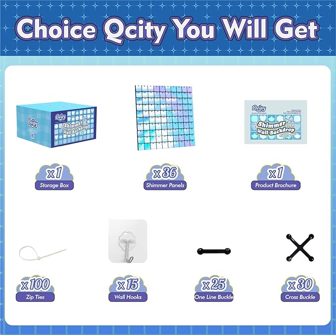 Qcity Rainbow Blue Shimmer Wall Backdrop 36PCS, Black Back Not See-Through Design, Square Sequin Glitter Backdrop Panel, Perfect for Outdoor Events, Birthdays, Wedding and Party Decoration