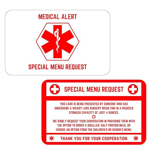 Bariatric Card for Restaurants, Special Menu Request Card, Portion Control Restaurant Request for Bariatric or Gastric Sleeve Patients, Wallet Sized, Set of 2 Cards (2, White, 3.375in x 2.125in)