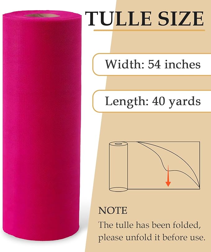 Fuchsia Tulle Fabric Roll, 54" x 40 Yards (120FT) Tulle for Wedding Decoration DIY Tutu Halloween Party Backdrop Baby Shower Table Skirts Gift Wrapping