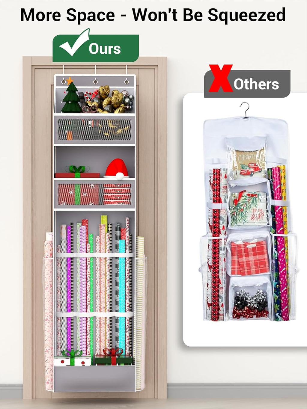 Over Door Wrapping Paper Organizer Hanging – Christmas Gift Wrap Storage for Ribbons, Bows, Ornament and Other Tools, Behind Door Long Craft Roll Holder Bag, Present Wrap Container, 1Pack, Gray