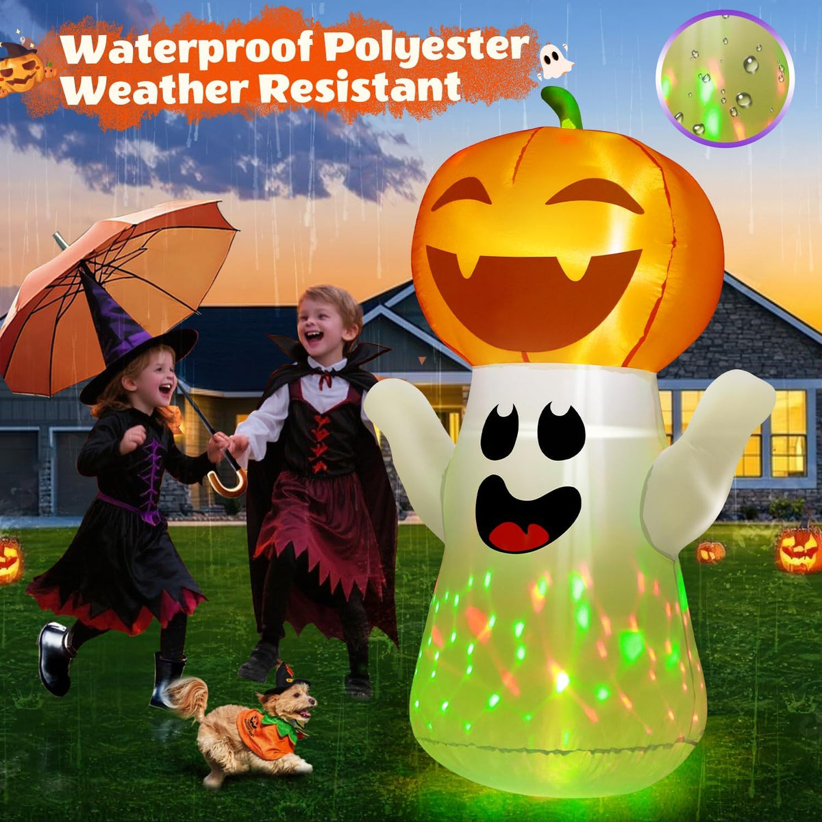 zukakii 5FT Halloween Inflatables Pumpkin Ghost Built-in 3-Pattern Colorful F...