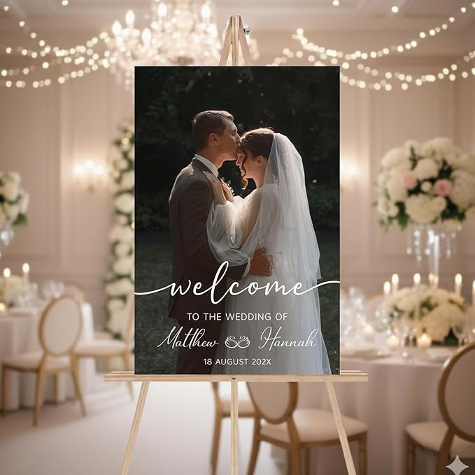 Personalized Wedding Photo Acrylic Welcome Sign – Custom Picture Board with Bride & Groom Names, Elegant Acrylic Wedding Reception Entrance or Ceremony Decoration, Indoor & Outdoor Keepsake Gift #14
