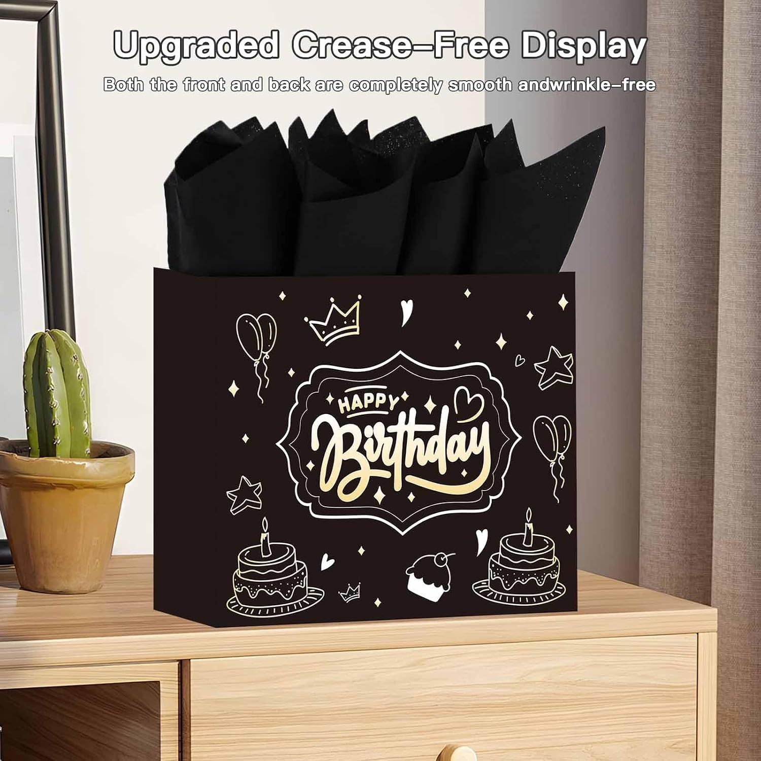 DUGUTUL Upgraded 13" Black Happy Birthday Gift Bag with Tissue Paper and Greeting Card for Party, Gold-Foil “Happy Birthday” Gift Bag for Men Women Boy Girl, Inner-Bond Handles – No Punch Holes, No Rip-Outs