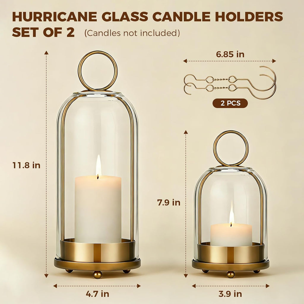 5"&4" Hurricane Glass Candle Holders, Hanging Brass Metal Candle Holder for Pillar Candles Table Coffee Table Decor Interior Decoration