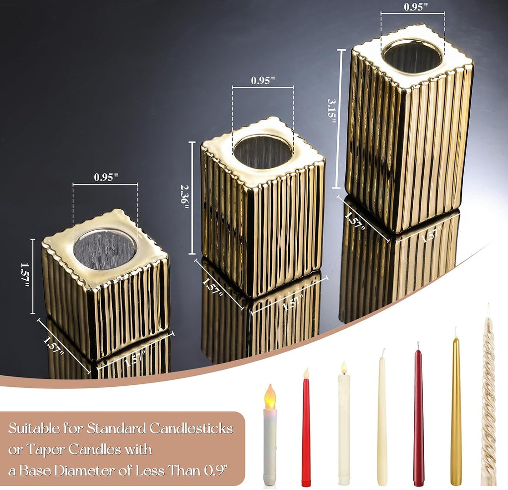LETINE 12pcs Gold Vertical Stripe Glass Candlestick Holders - Chic Taper Candle Sticks Holder Set for Elegant Dining & Home Decor - Ideal for Christmas, Halloween, Thanksgiving