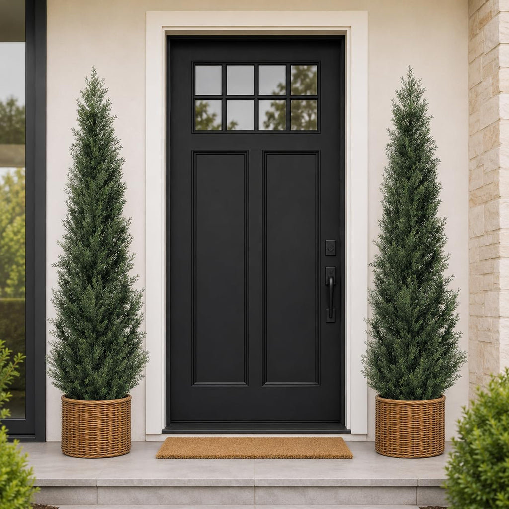 6 feet pre-potted evergreen outdoor artificial cedar tree, close-up detail