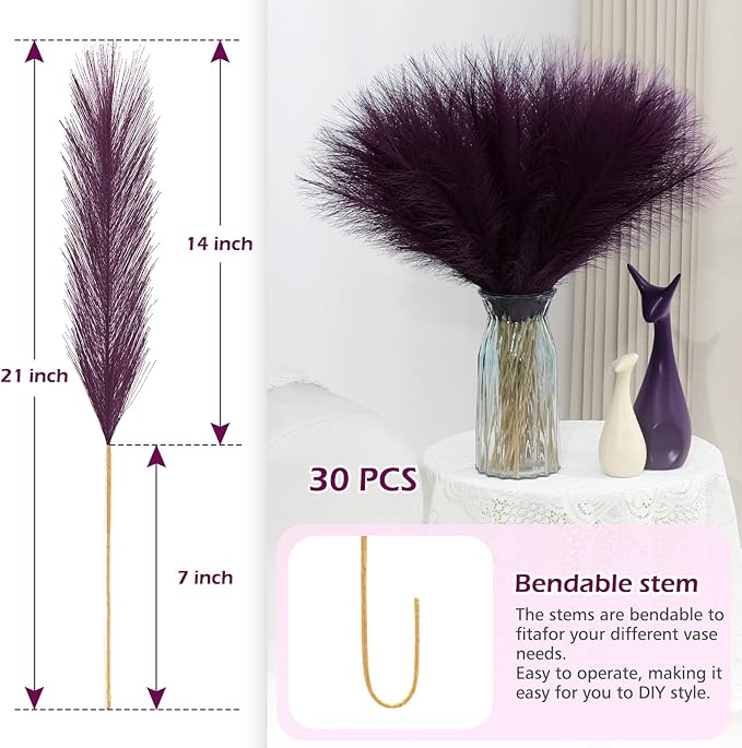Purple Pampas Grass Decor 30 Pcs 21.7 Inch Faux Pampas Grass Bulk Artificial Dried Flowers Small Vase Filler Pompas Grass.